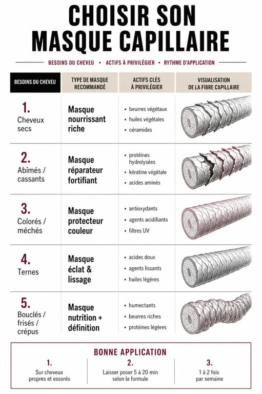 Meilleur masque cheveux : infographie comparative des masques selon le type de cheveux et les besoins