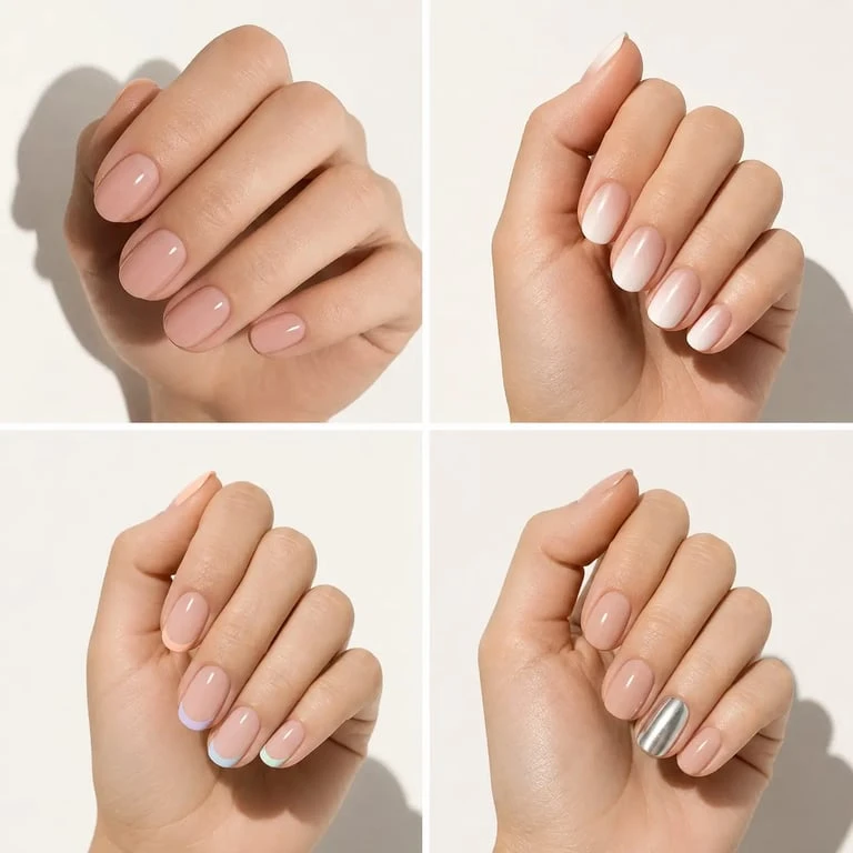 Modèle vernis semi permanent : quatre inspirations de manucure semi-permanente avec nude rosé, baby boomer, french twist pastel et accent nail chrome