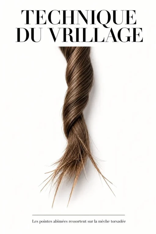 Technique du vrillage pour identifier et couper les fourches des cheveux sans perdre de longueur.