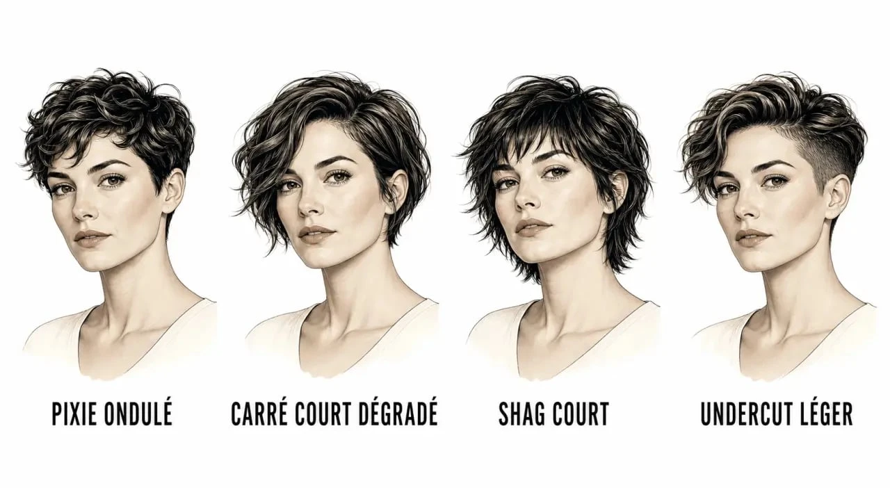 Coupe cheveux court ondulé dégradé : inspirations de pixie, carré court, shag et undercut