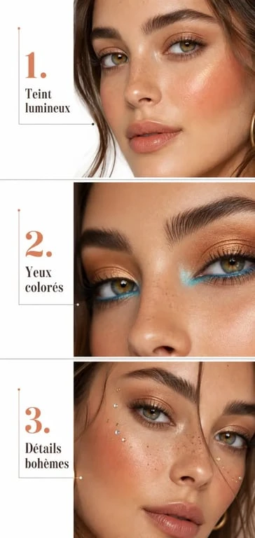 Maquillage hippie en trois étapes avec teint lumineux, yeux colorés et détails bohèmes
