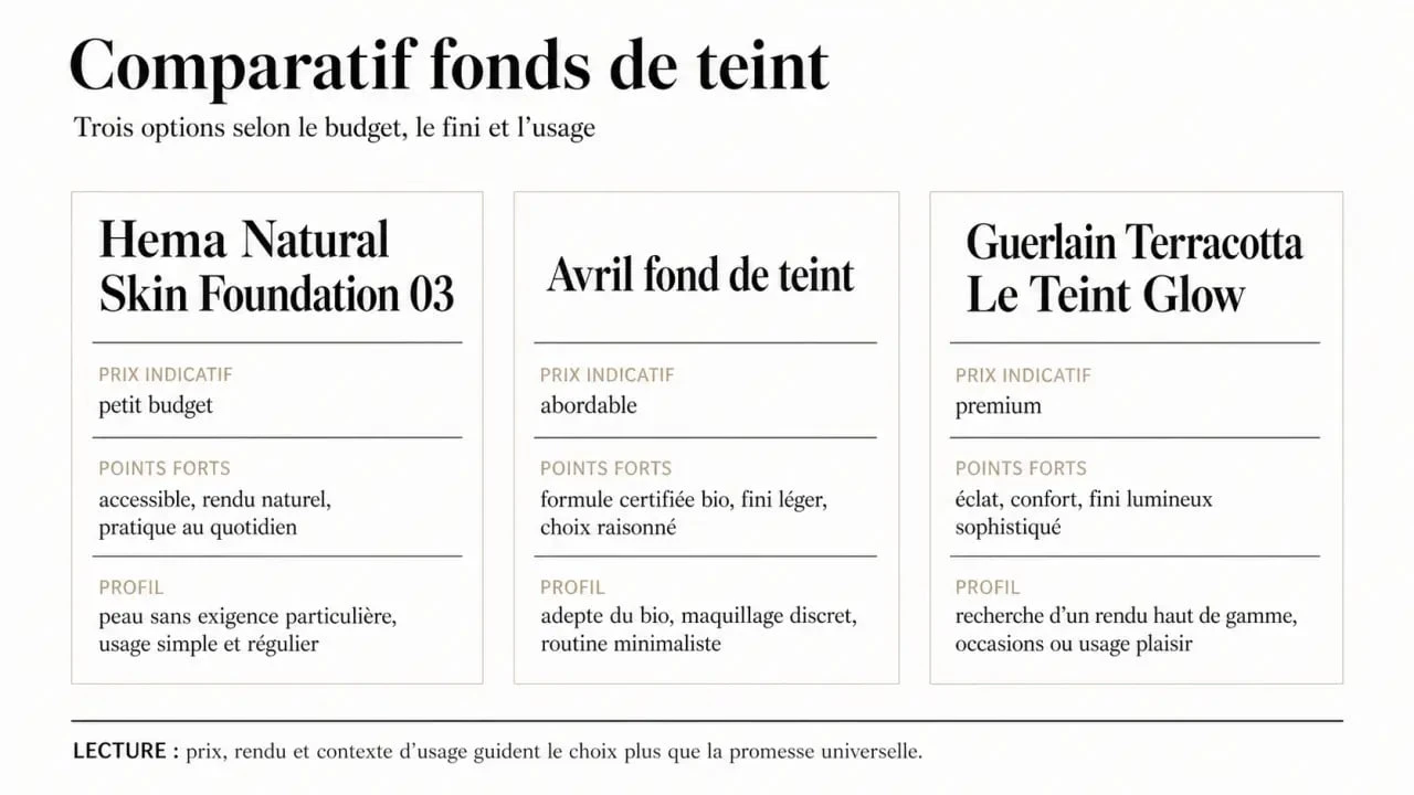 Meilleur fond de teint 60 millions de consommateur : comparaison visuelle des produits Hema, Avril et Guerlain
