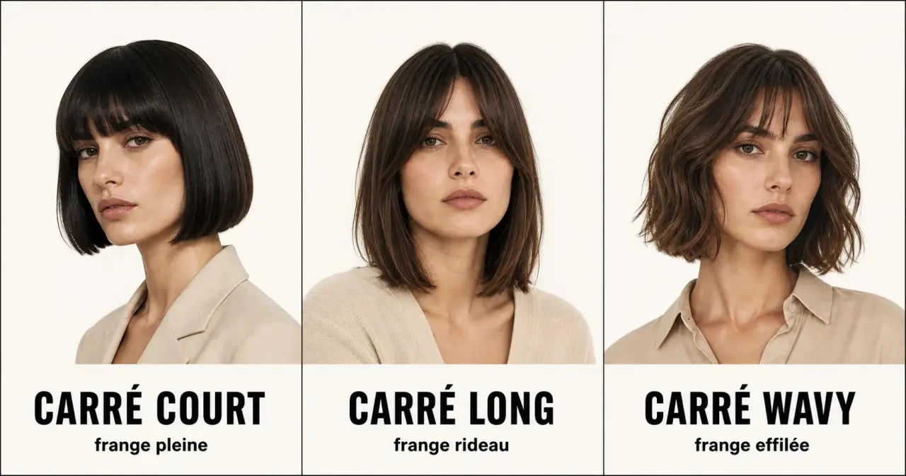 Coupes carré frange : trois variantes de carré court, carré long et carré wavy avec frange