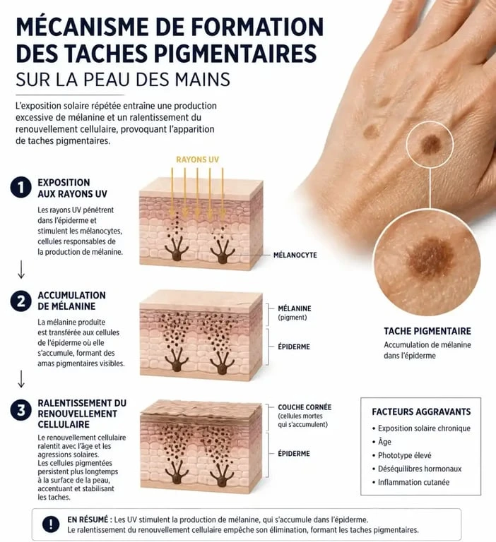 Schéma explicatif de la formation des taches pigmentaires et lentigos solaires sur les mains