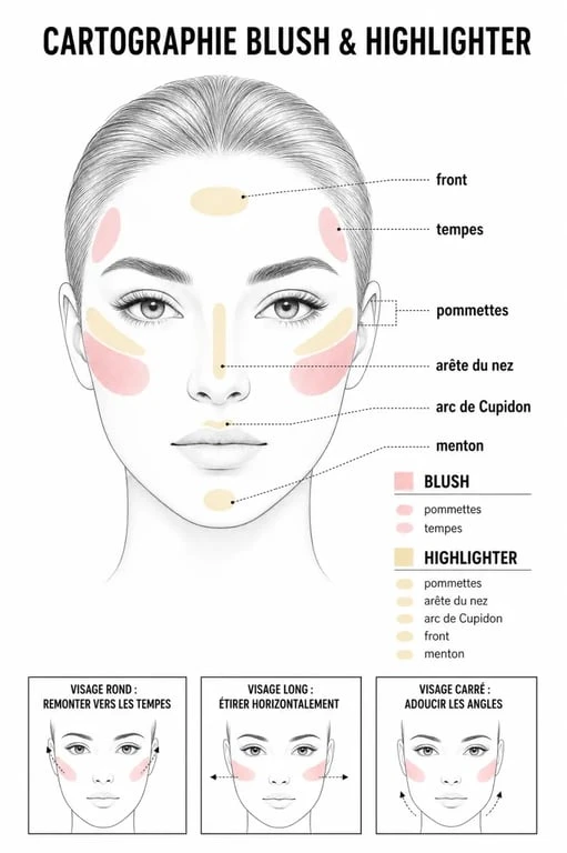 Schéma illustrant où mettre le blush et highlighter selon la forme du visage pour un maquillage professionnel.