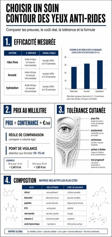 Comparatif meilleur anti-rides yeux 60 millions de consommateur : critères efficacité, prix, tolérance et actifs clés