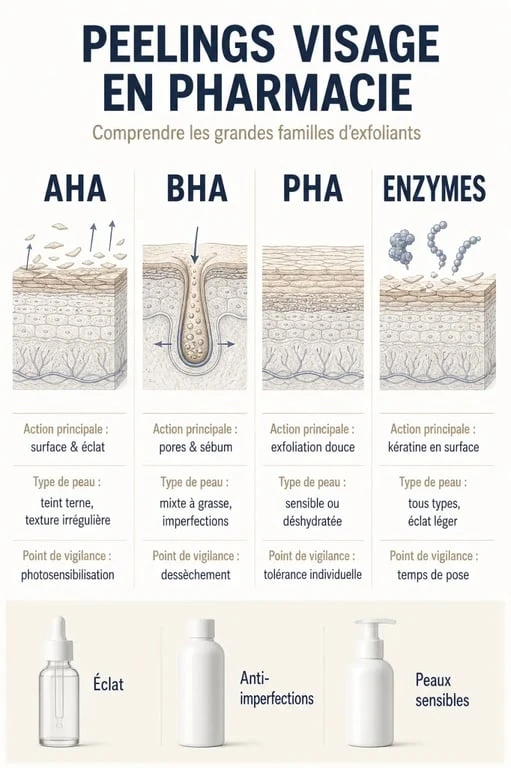 Meilleur peeling visage pharmacie : comparaison visuelle des actifs AHA, BHA, PHA et enzymes
