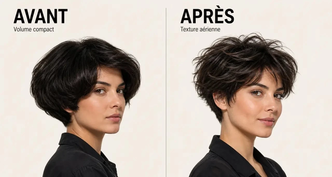 Effet décoiffé femme coupe courte cheveux épais et volumineux avant/après en style éditorial