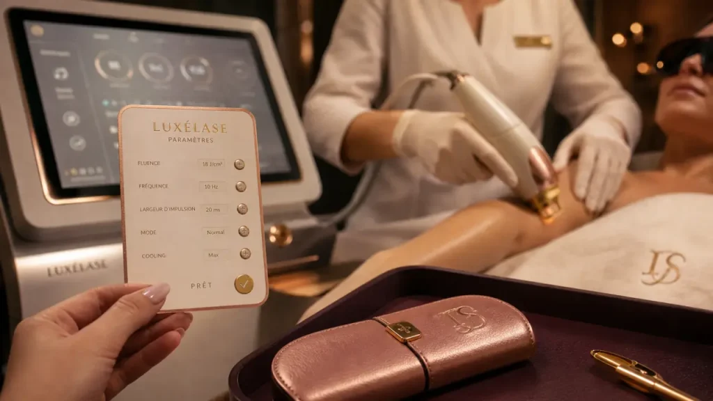 Épilation définitive au laser en cabine : technicienne guide une séance