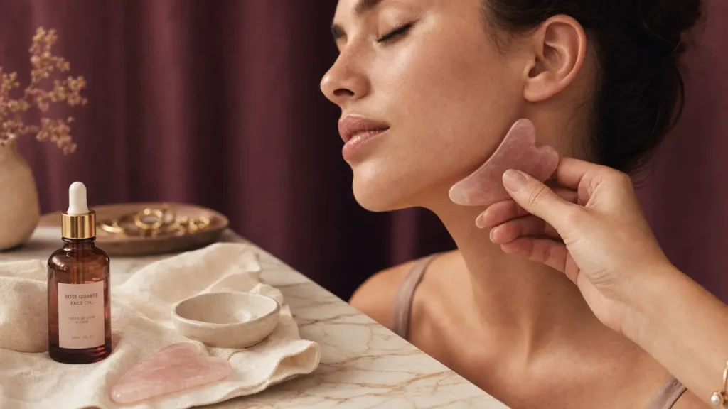 Gua sha bienfaits : pierre quartz rose sur le visage pour éclat, drainage et tensions
