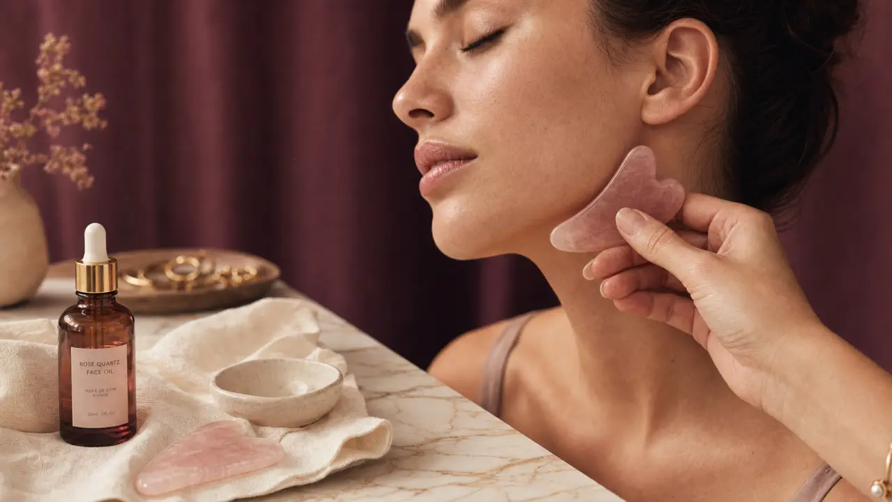 Gua sha bienfaits : pierre quartz rose sur le visage pour éclat, drainage et tensions