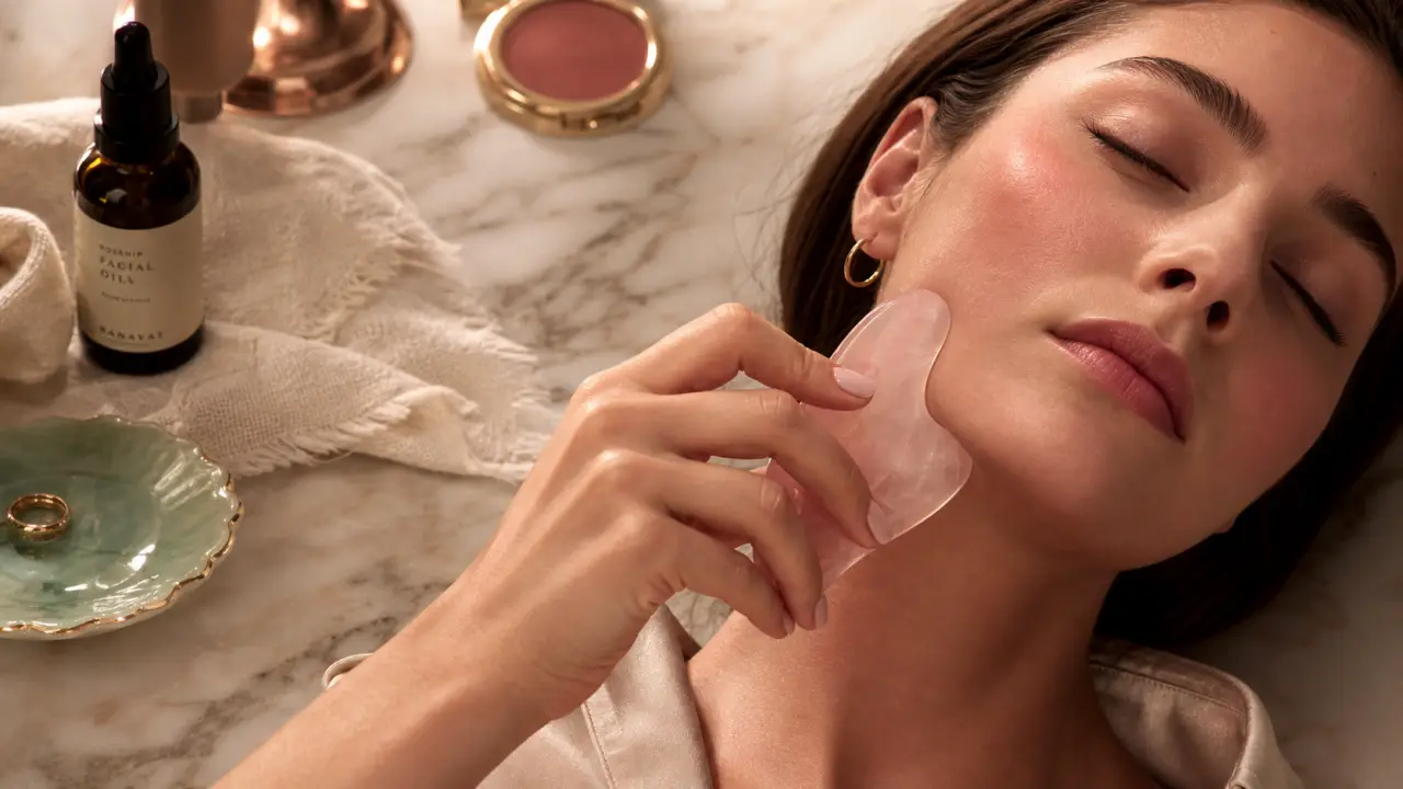 Gua sha utilisation : pierre quartz rose sur peau avec huile