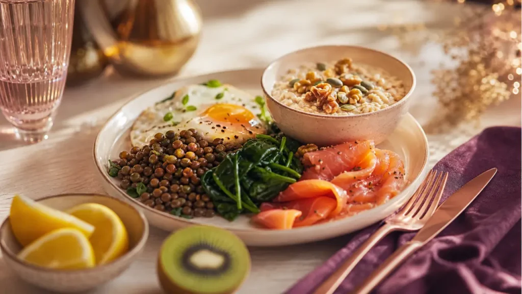 Les aliments bon pour les cheveux : saumon, lentilles et œufs, riches en oméga 3 et fer