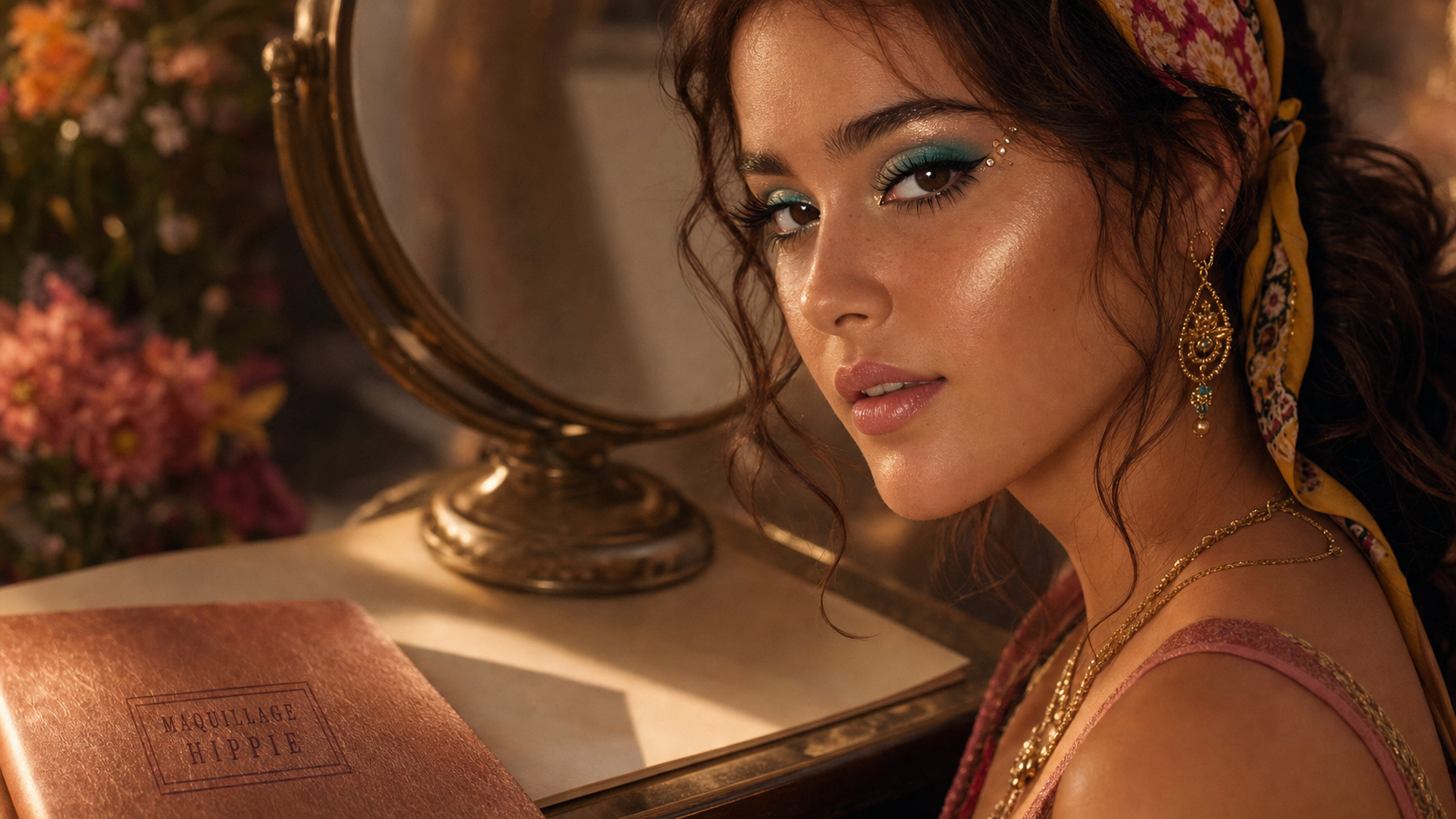 Maquillage hippie lumineux : yeux turquoise et highlighter doré