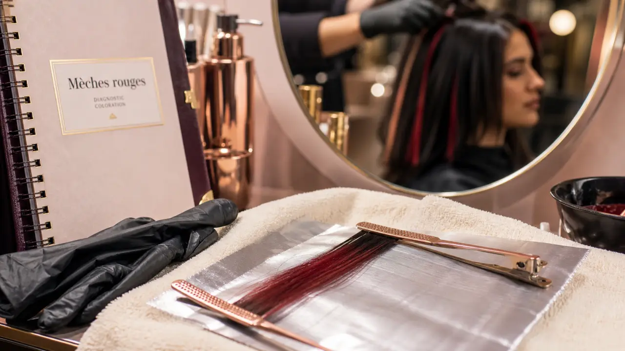 Meches rouge sur cheveux noir : mèche cerise entre deux pinces de coiffeur