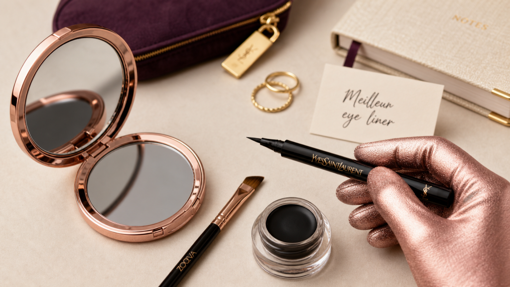 Meilleur eye liner : flacon noir, pinceau et gel noir