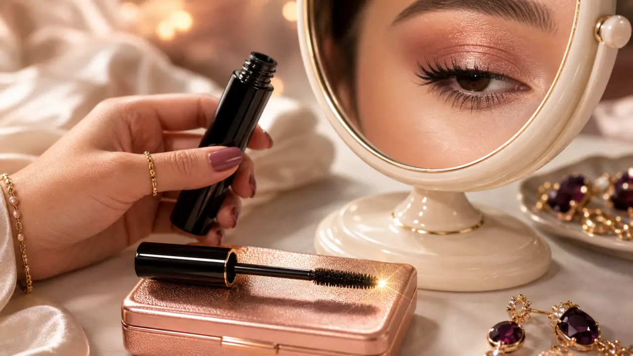 Meilleur mascara waterproof vs cils courts, brosse et cils recourbés près d’un miroir