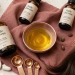 Meilleure huile cheveux : huile brillante, flacons et graines sur fond ivoire