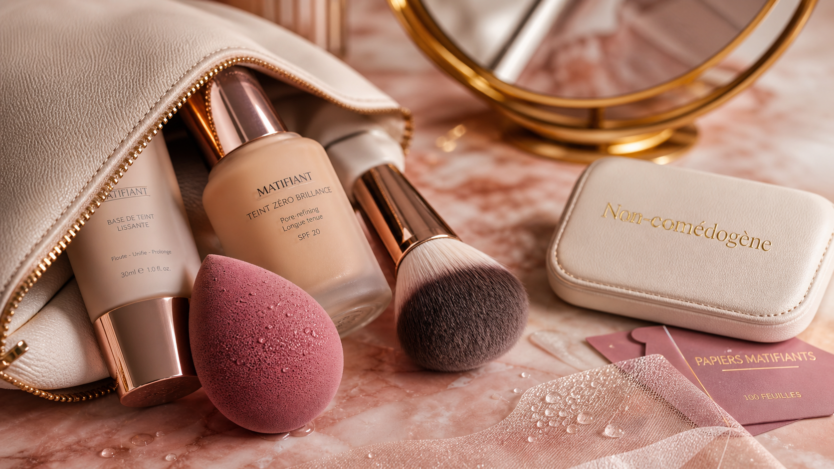 Peau grasse quel fond de teint mat, flacon et accessoires maquillage