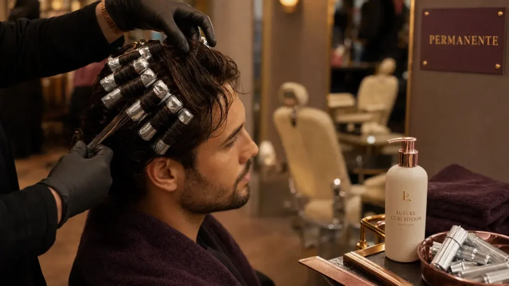 permanente cheveux homme : coiffeur enroule les mèches sur bigoudis