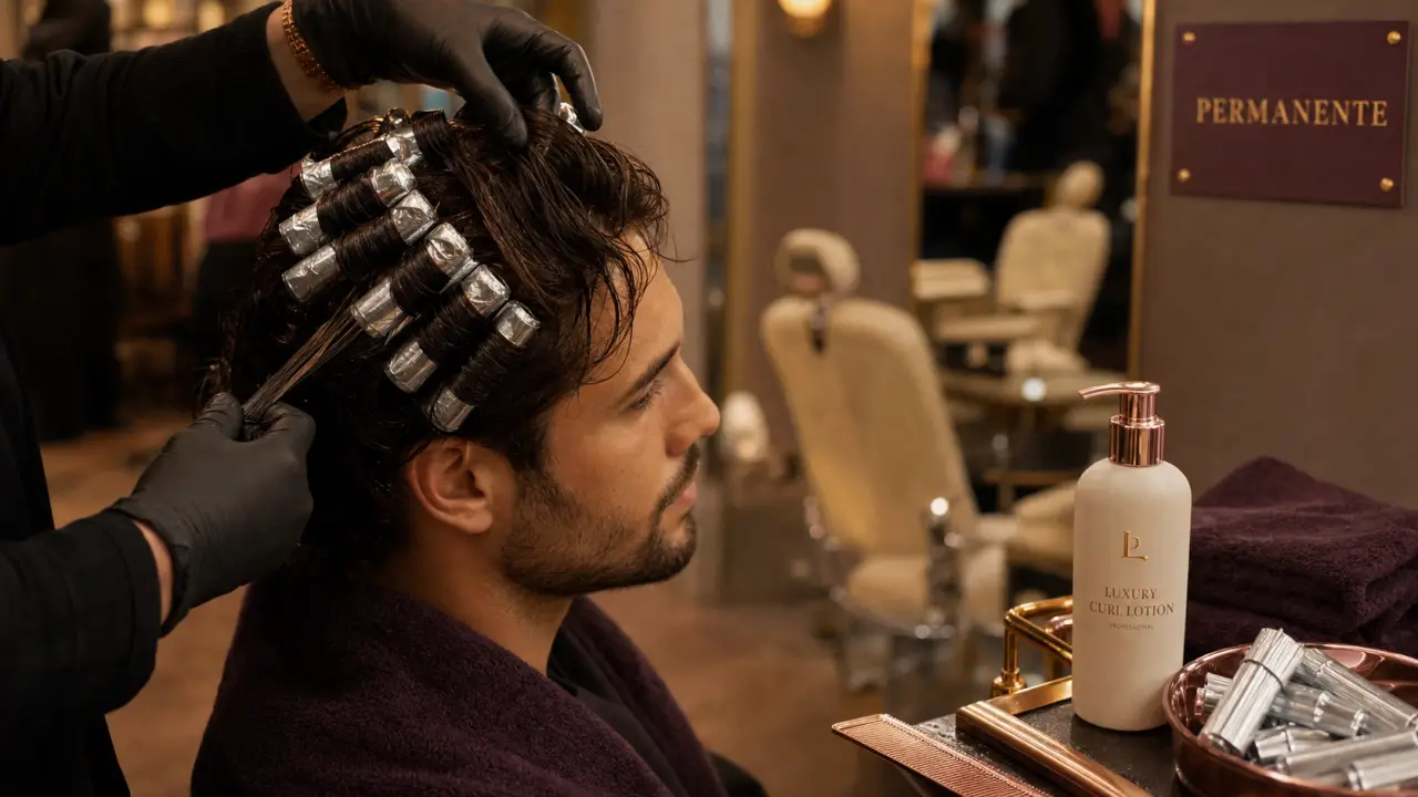 permanente cheveux homme : coiffeur enroule les mèches sur bigoudis