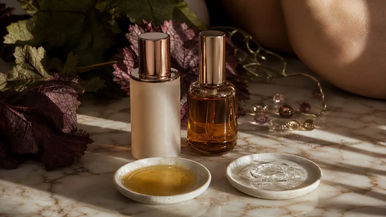 Que choisir Nuxe ou Caudalie : soins peau et actifs, deux flacons sur marbre