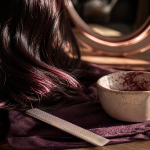 Reflet rouge sur cheveux noir, mèches cerise au soleil