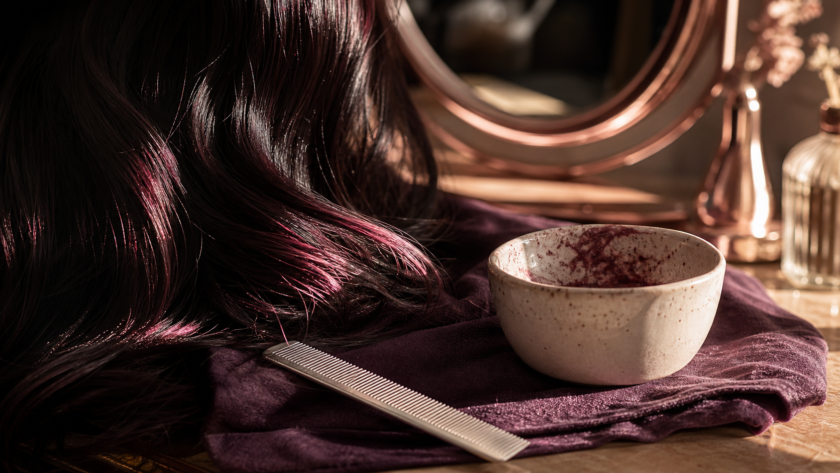 Reflet rouge sur cheveux noir, mèches cerise au soleil
