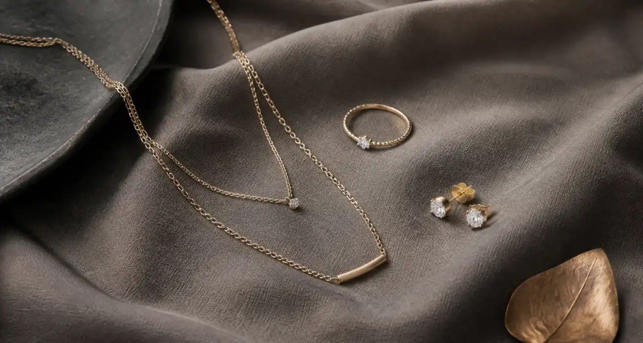 Sélection de bijoux fins en flat-lay sur fond neutre