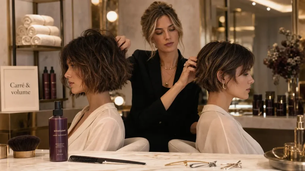 Tendance coupe carré femme : carré flou et micro-bob en salon de coiffure