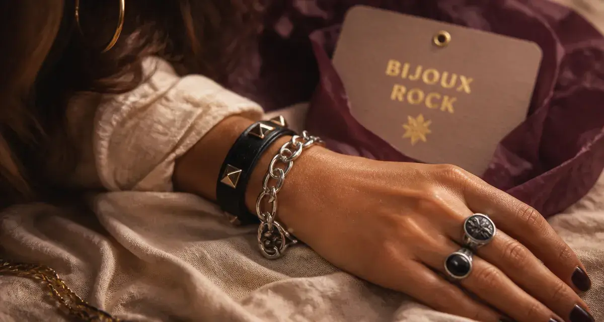 Bijoux rock femme : bagues chevalières, manchette cuir et créoles oversize, gros plan