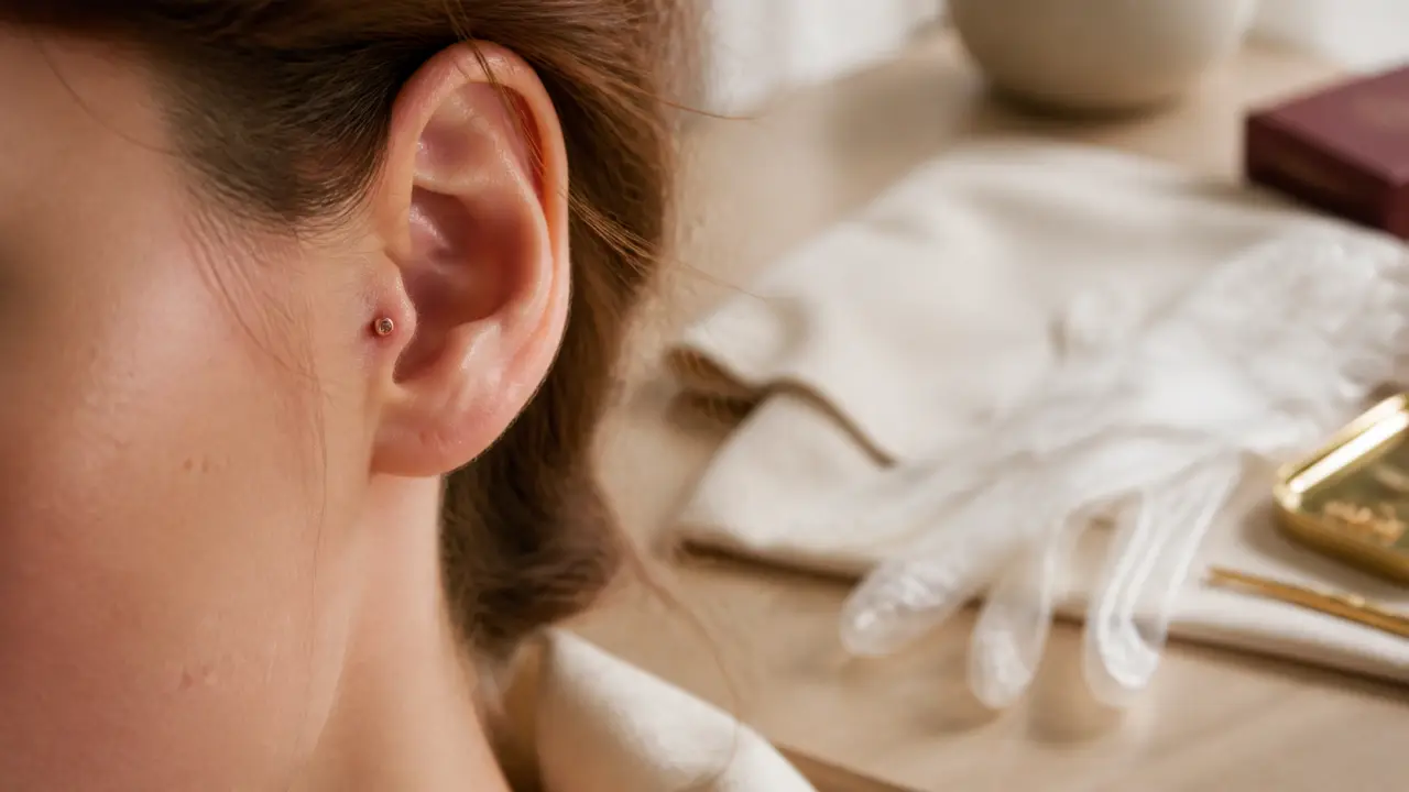 Boucles d oreilles tragus : labret en titane rose gold sur le tragus, vue 3/4