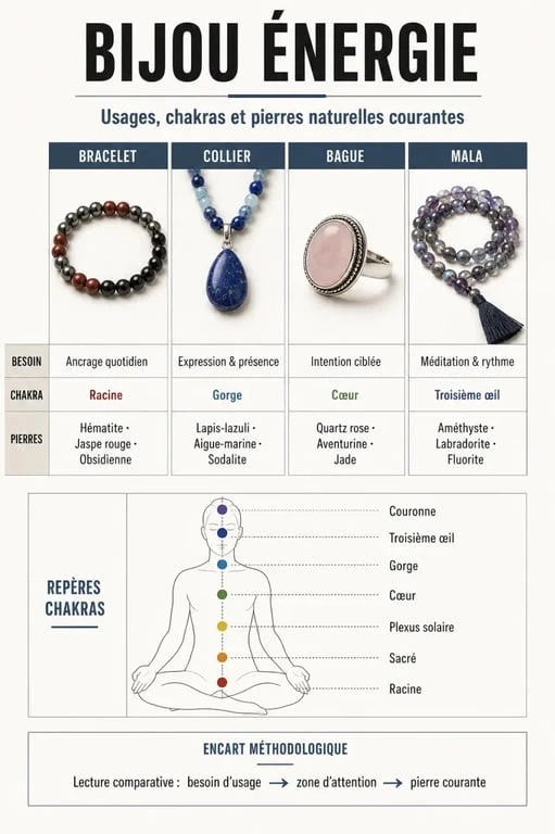 Tableau comparatif bijou energie des pierres, chakras et formats de bijoux