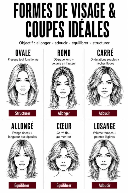 Coupe de cheveux par forme de visage : visuel comparatif des formes de visage et des coupes recommandées