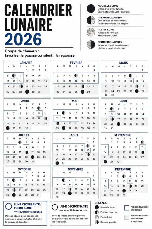 Calendrier lunaire coupe cheveux avec phases lunaires et moments conseillés pour couper selon l’objectif