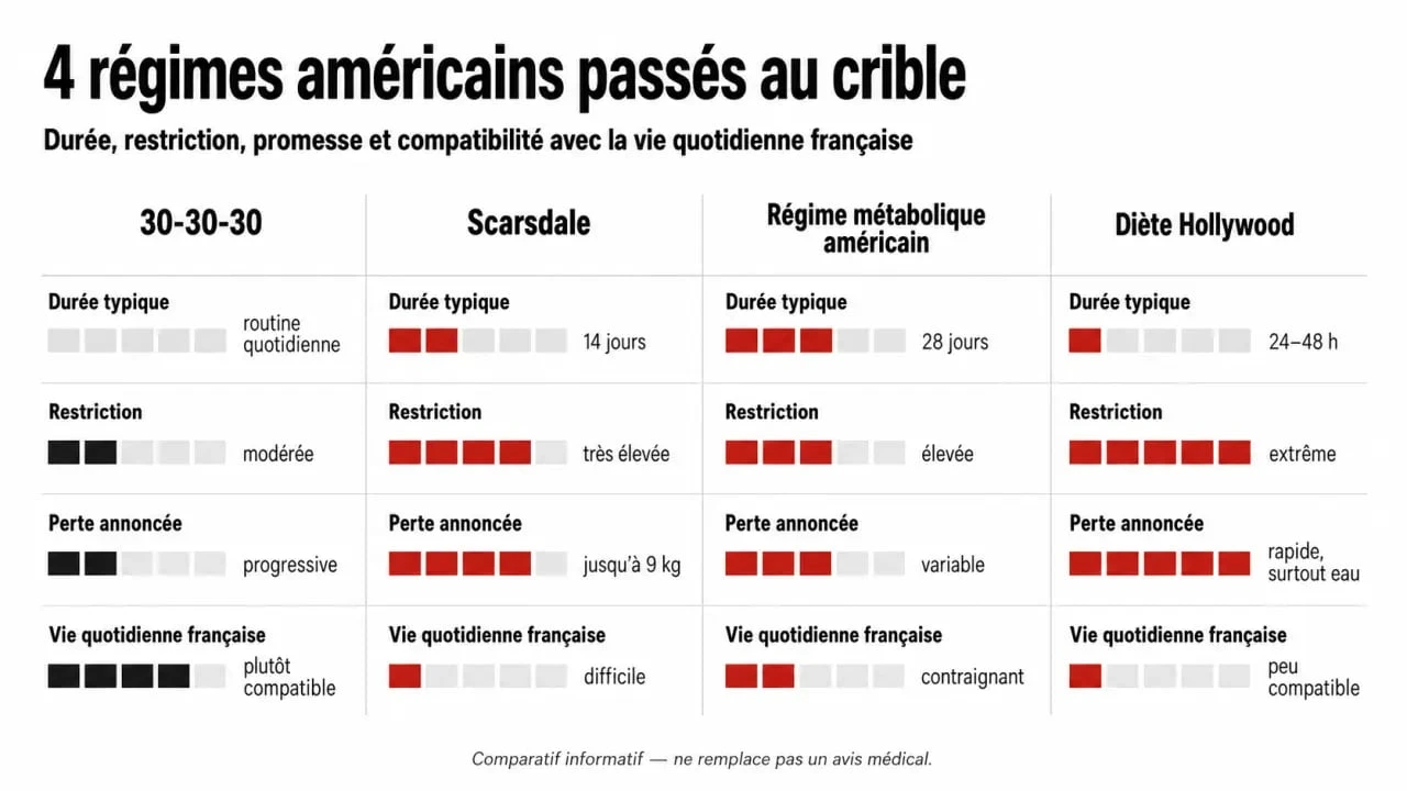 Méthode américaine pour maigrir qui cartonne en France : comparatif visuel des méthodes 30-30-30, Scarsdale, régime métabolique américain et diète Hollywood