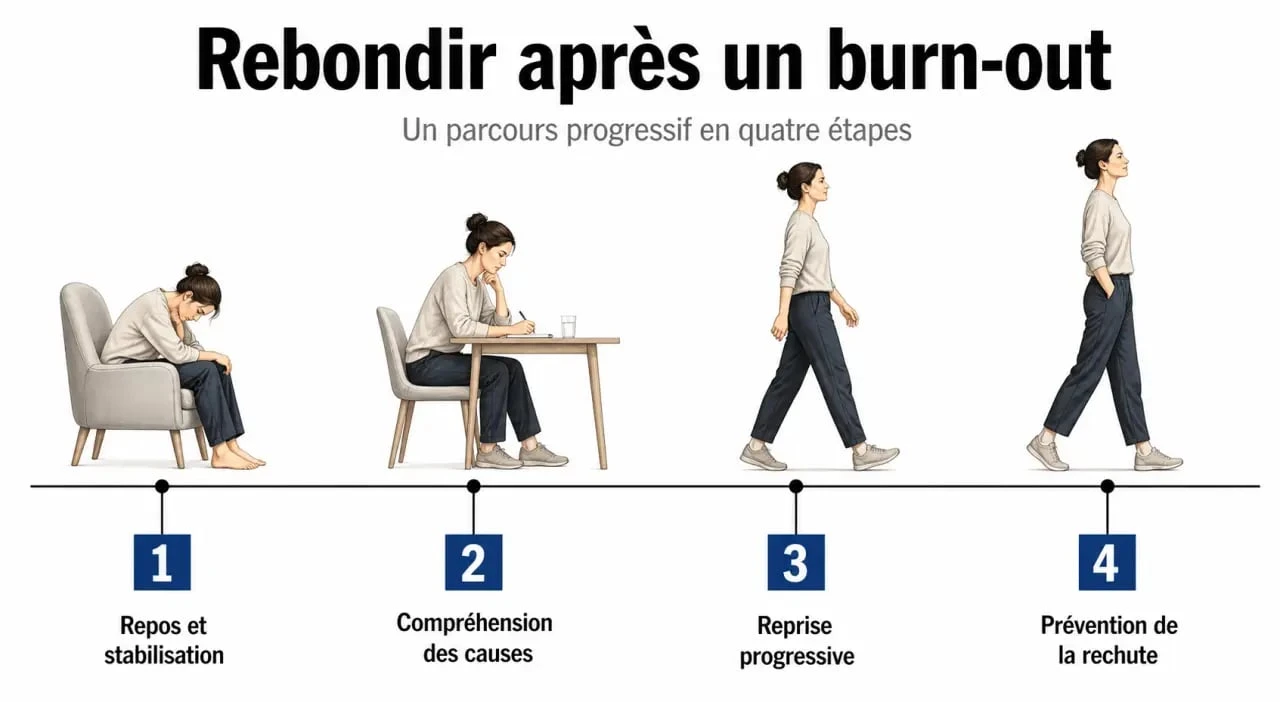 Rebondir après un burn out : illustration des étapes de reconstruction et de reprise progressive