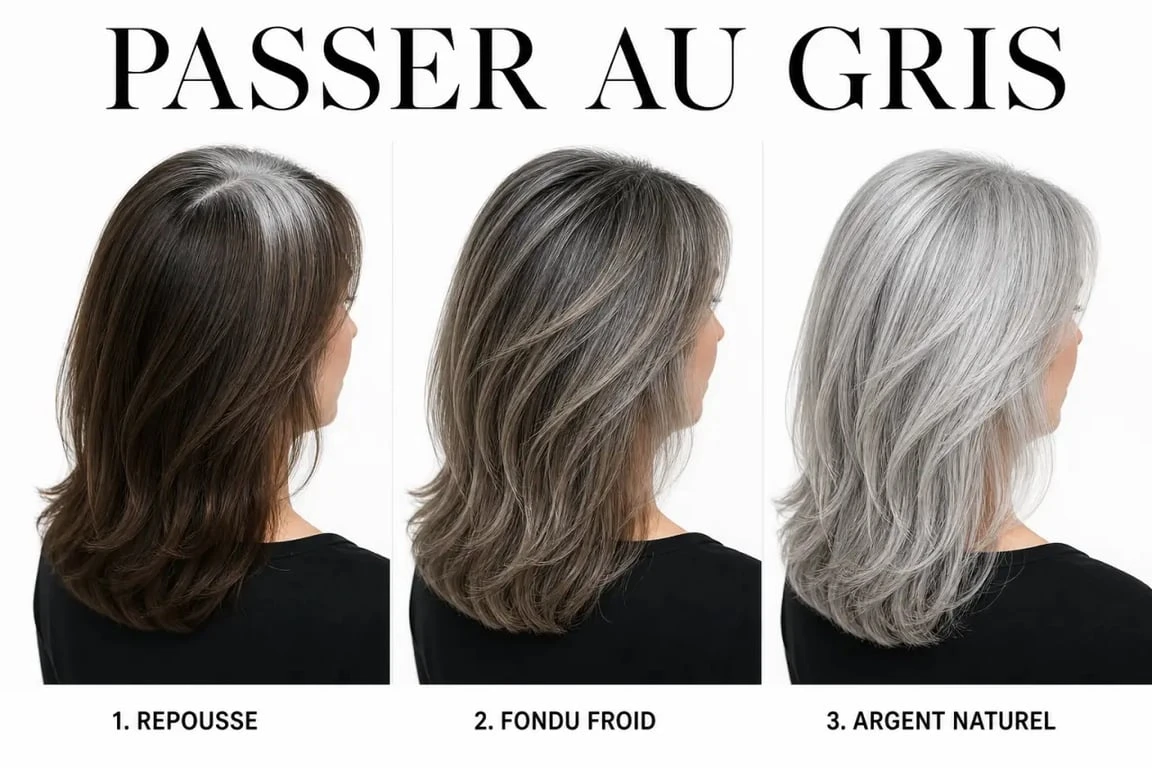 Transition cheveux colorés cheveux gris : évolution visuelle de la repousse, du fondu et du gris argenté naturel