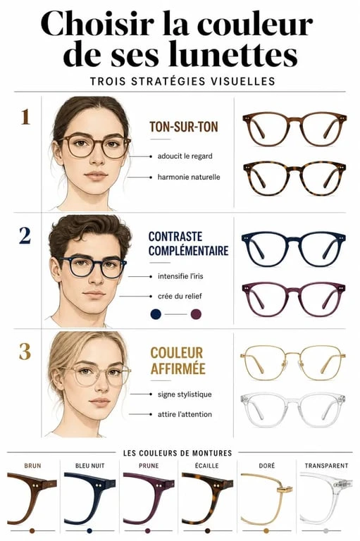 Couleur de lunette : comparaison visuelle entre ton-sur-ton, contraste complémentaire et couleur affirmée