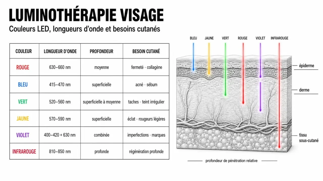 Luminothérapie visage couleur signification : tableau comparatif des couleurs LED, longueurs d’onde et besoins cutanés