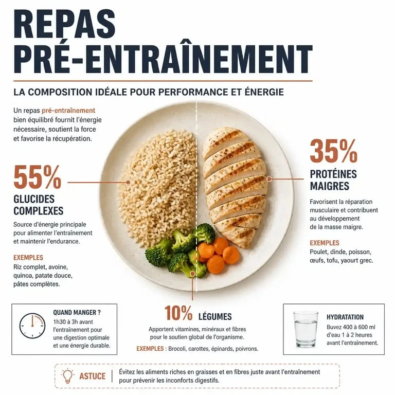 Infographie sur la composition idéale d'un repas pour manger avant le sport