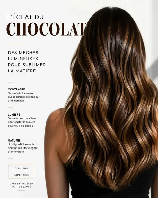 Chevelure brune chocolat avec mèches blondes pour un effet multidimensionnel