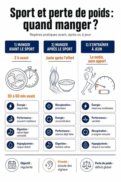 Perte de poids manger avant ou apres le sport : comparatif visuel des options avant, après et à jeun