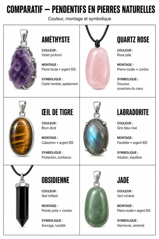 Pendentifs pierres naturelles en améthyste, quartz rose, œil de tigre, labradorite, obsidienne et jade dans un visuel comparatif