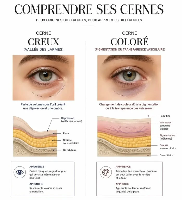 Schéma explicatif des différents types de cernes en médecine esthétique : creux vs colorés