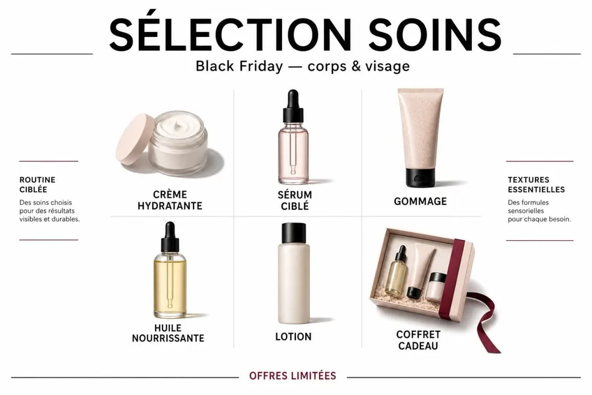 Black Friday soins corps et visage : comparaison des crèmes, sérums, gommages, huiles et coffrets pour mieux choisir