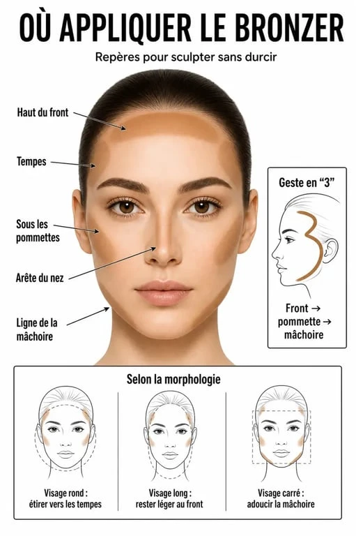 Où mettre le bronzer : schéma des zones d'application sur le visage