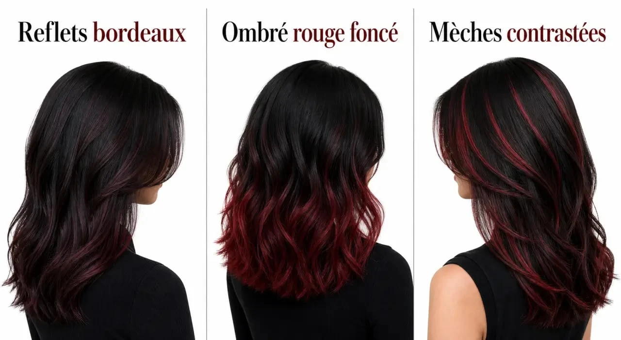 Cheveux noir rouge avec reflets bordeaux, ombré et mèches rouges contrastées