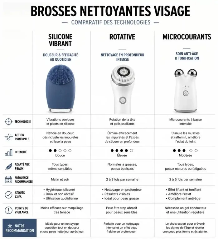 Comparatif des technologies de brosse nettoyante visage pour choisir selon son type de peau
