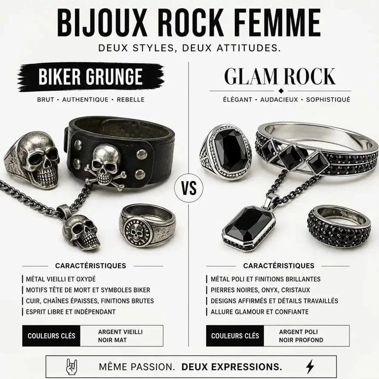 Différence entre bijoux rock femme style Biker Grunge et Glam Rock